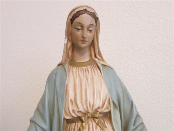 VIRGIN MARY CHALKWARE STATUE & CANDLE