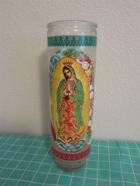 VIRGIN MARY CHALKWARE STATUE & CANDLE