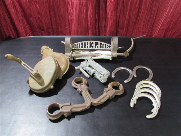 RUSTIC DECOR - WASHER WRINGER/FORGE BLOWER/HORSESHOES & MORE