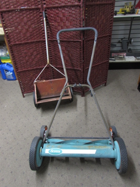 SCOTTS PUSH MOWER AND VINTAGE SEEDER