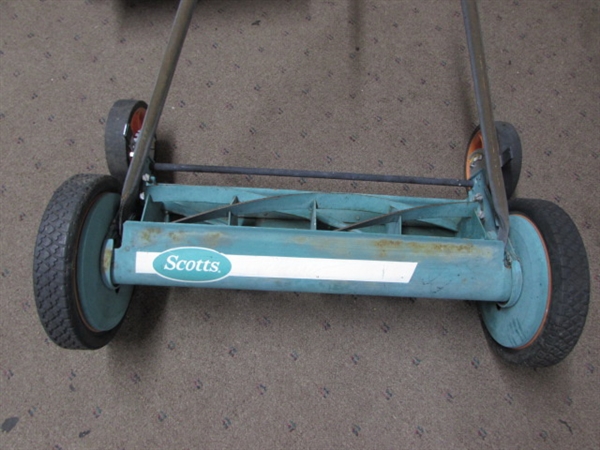 SCOTTS PUSH MOWER AND VINTAGE SEEDER