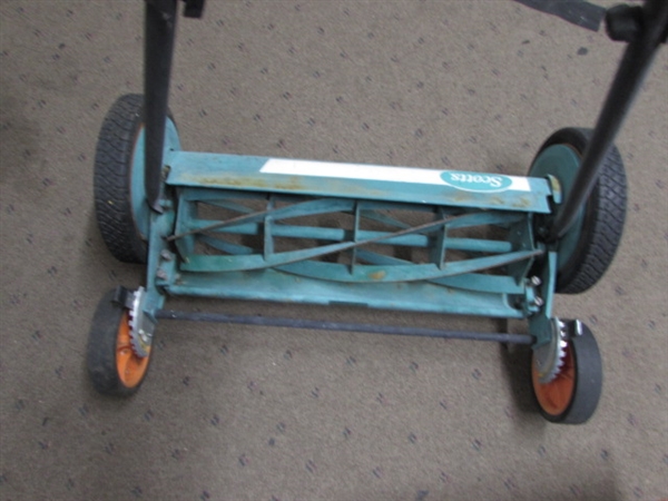 SCOTTS PUSH MOWER AND VINTAGE SEEDER