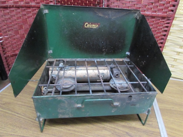 VINTAGE FOLDING TABLE, COLEMAN CAMP STOVE AND ROASTING PAN
