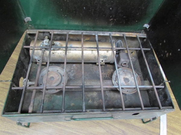 VINTAGE FOLDING TABLE, COLEMAN CAMP STOVE AND ROASTING PAN