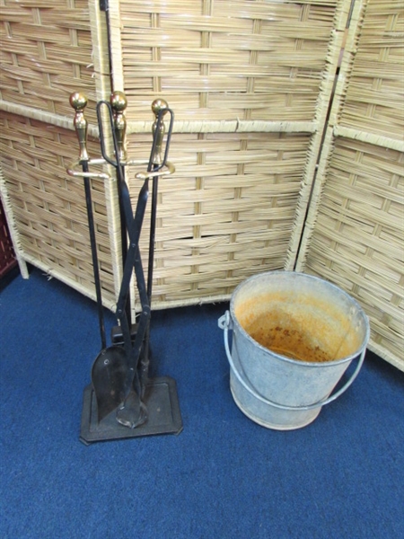 FIREPLACE TOOL SET IN HOLDER & RUSTIC ASH BUCKET