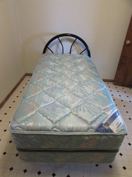 TWIN BED WITH METAL HEADBOARD