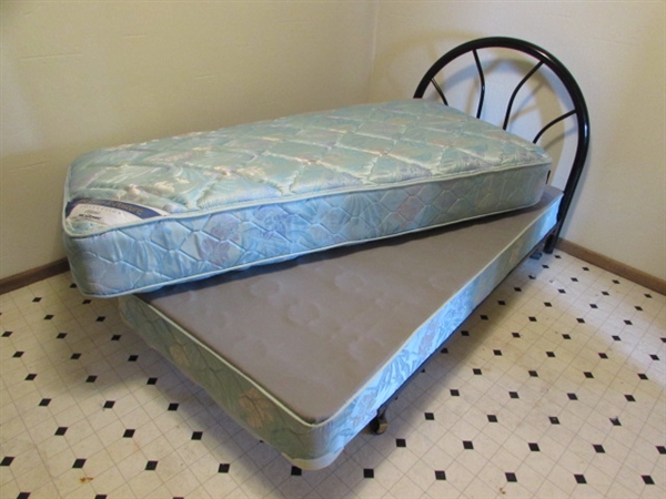 TWIN BED WITH METAL HEADBOARD