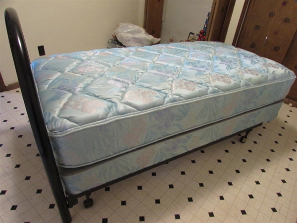 TWIN BED WITH METAL HEADBOARD