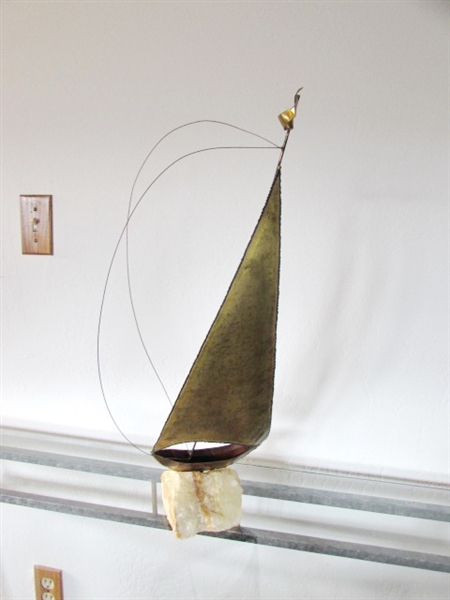 BRASS & COPPER SAILBOAT SCULPTURE 0N QUARTZ BASE