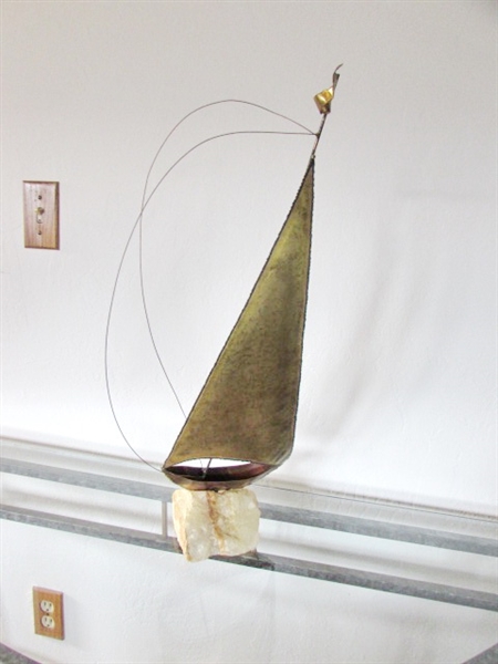 BRASS & COPPER SAILBOAT SCULPTURE 0N QUARTZ BASE