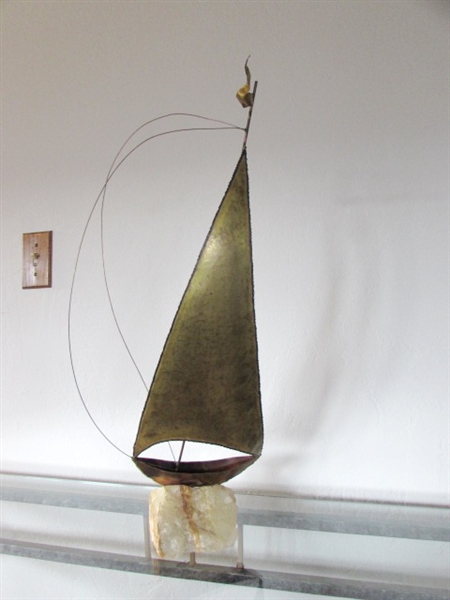 BRASS & COPPER SAILBOAT SCULPTURE 0N QUARTZ BASE