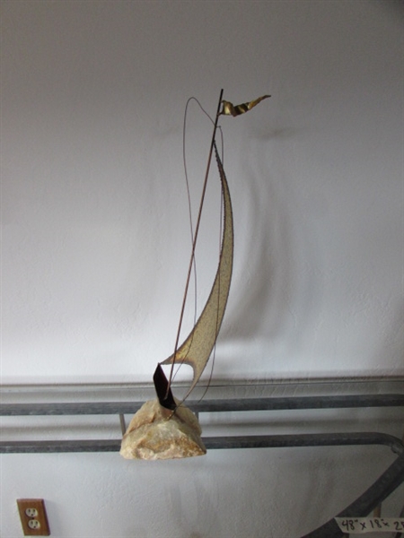 BRASS & COPPER SAILBOAT SCULPTURE 0N QUARTZ BASE