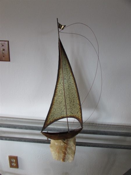 BRASS & COPPER SAILBOAT SCULPTURE 0N QUARTZ BASE