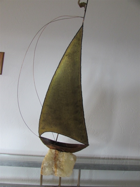 BRASS & COPPER SAILBOAT SCULPTURE 0N QUARTZ BASE