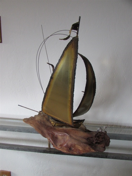 BRASS SAILBOAT SCULPTURE ON WOOD BASE WITH SEA GULLS