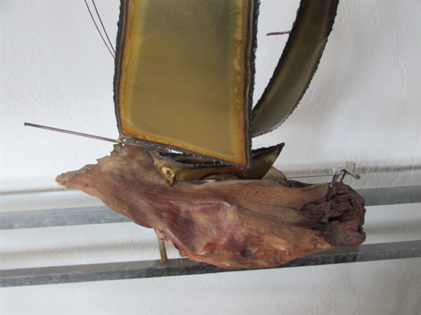 BRASS SAILBOAT SCULPTURE ON WOOD BASE WITH SEA GULLS