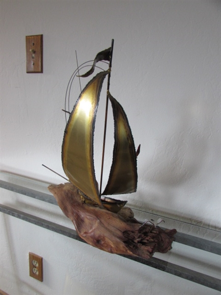 BRASS SAILBOAT SCULPTURE ON WOOD BASE WITH SEA GULLS