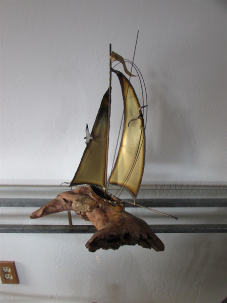 BRASS SAILBOAT SCULPTURE ON WOOD BASE WITH SEA GULLS