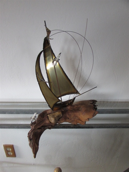 BRASS SAILBOAT SCULPTURE ON WOOD BASE WITH SEA GULLS