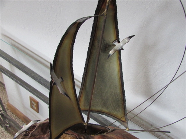 BRASS SAILBOAT SCULPTURE ON WOOD BASE WITH SEA GULLS