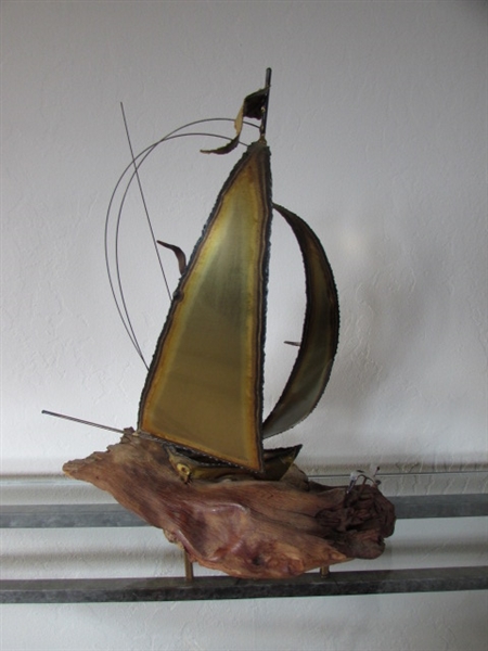 BRASS SAILBOAT SCULPTURE ON WOOD BASE WITH SEA GULLS