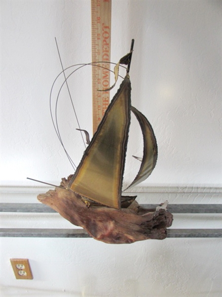 BRASS SAILBOAT SCULPTURE ON WOOD BASE WITH SEA GULLS