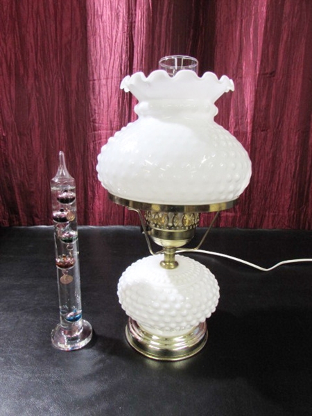 WHITE HOBNAIL MILK GLASS ELECTRIC HURRICANE LAMP & GALILEO THERMOMETER