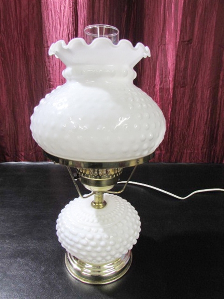 WHITE HOBNAIL MILK GLASS ELECTRIC HURRICANE LAMP & GALILEO THERMOMETER