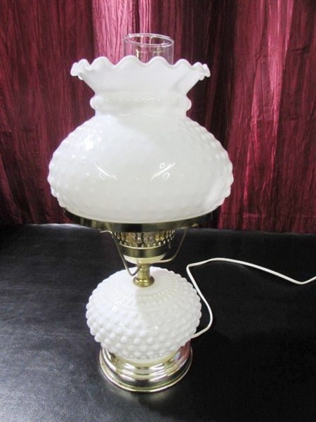 WHITE HOBNAIL MILK GLASS ELECTRIC HURRICANE LAMP & GALILEO THERMOMETER