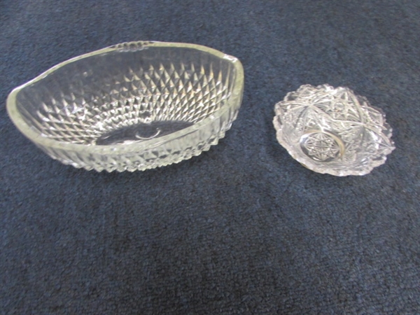 CUT GLASS DISHES, SERVING TRAY & MILK GLASS DISH