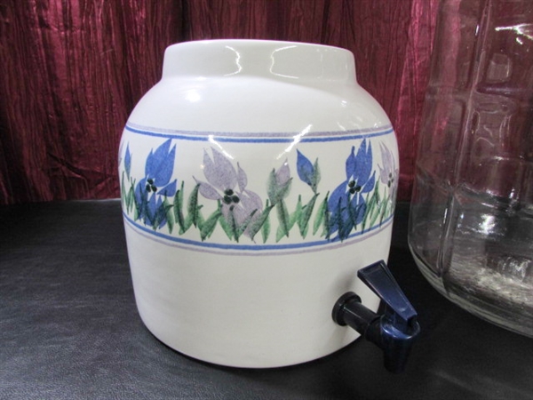 5 GALLON GLASS JAR AND CERAMIC WATER CROCK