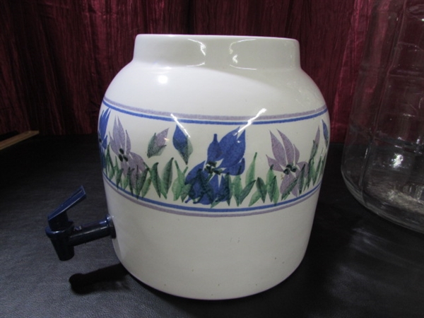 5 GALLON GLASS JAR AND CERAMIC WATER CROCK