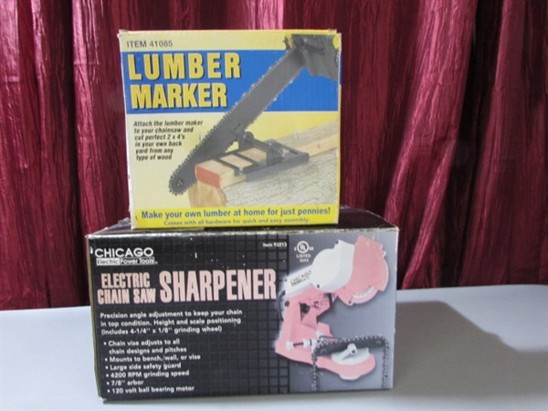 ELECTRIC CHAIN SAW SHARPENER AND LUMBER MARKER