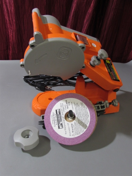 ELECTRIC CHAIN SAW SHARPENER AND LUMBER MARKER