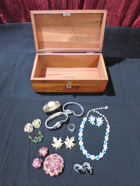 VINTAGE COSTUME JEWELRY IN A MINI CEDAR CHEST FROM SILVERHARTS