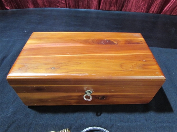 VINTAGE COSTUME JEWELRY IN A MINI CEDAR CHEST FROM SILVERHARTS