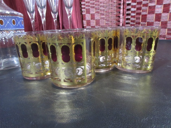 1960’s VINTAGE CULVER LTD “CRANBERRY” 22k GOLD GLASSES/CRYSTAL DECANTER AND MORE