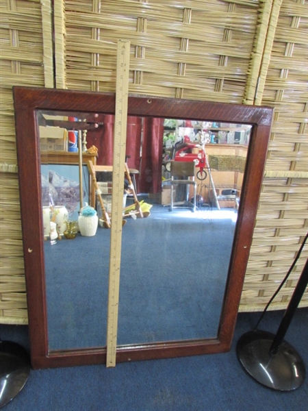 ANTIQUE WOOD FRAMED BEVELED EDGE MIRROR, LAMPS, TV TRAYS & MORE