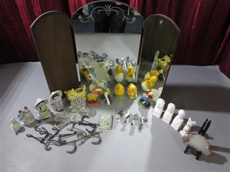 ANTIQUE TRI-FOLD MIRROR/VINTAGE WALL HOOKS/OCCUPIED JAPAN FIGURINES & MORE