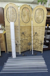 WIRE SHELVING/VINYL ROLL UP SHADE/TENSION ROD & METAL WALL ART