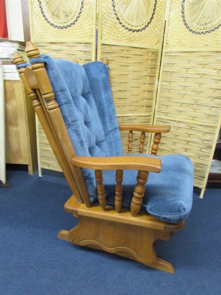 WOODEN GLIDER ROCKER WITH UPHOLSTERED SEAT & BACK.