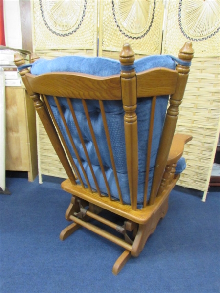 WOODEN GLIDER ROCKER WITH UPHOLSTERED SEAT & BACK.