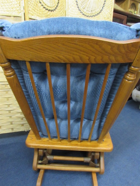 WOODEN GLIDER ROCKER WITH UPHOLSTERED SEAT & BACK.