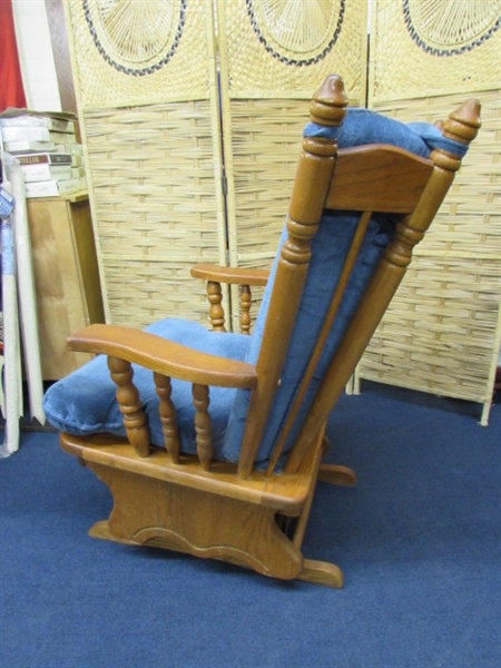 WOODEN GLIDER ROCKER WITH UPHOLSTERED SEAT & BACK.