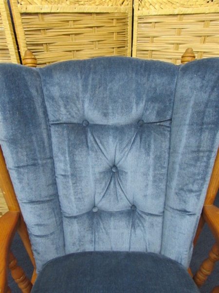 WOODEN GLIDER ROCKER WITH UPHOLSTERED SEAT & BACK.