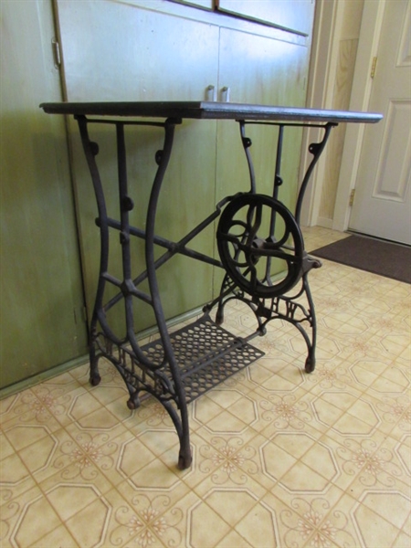 SMALL TABLE MADE FROM A WHITE TREADLE SEWING MACHINE CABINET BASE *LOCATED OFF-SITE #2*