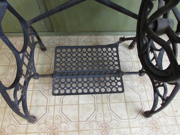 SMALL TABLE MADE FROM A WHITE TREADLE SEWING MACHINE CABINET BASE *LOCATED OFF-SITE #2*