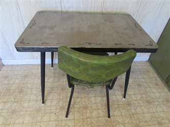 SMALL VINTAGE LAMINATE TABLE & VINYL UPHOLSTERED CHAIR *LOCATED OFF-SITE #2*