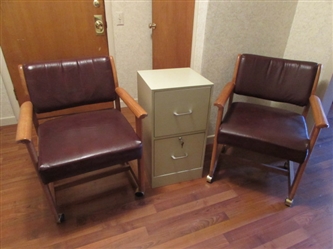 2 VINYL UPHOLSTERED CHAIRS ON CASTORS & A 2 DRAWER FILING CABINET *LOCATED OFF-SITE #2*