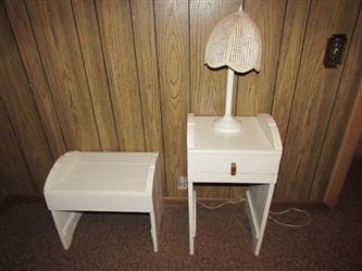 SMALL WOOD NIGHTSTAND, MATCHING STOOL AND SMALL BEDSIDE LAMP *LOCATED OFF-SITE #2*